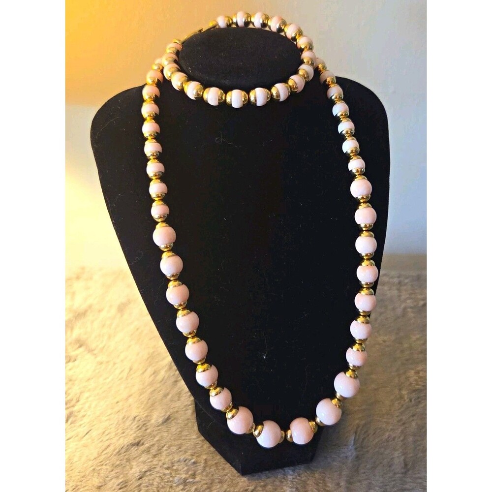 1980's Avon Signed Pink Round Beaded Necklace And Bracelet Jewelry Set Gold Tone